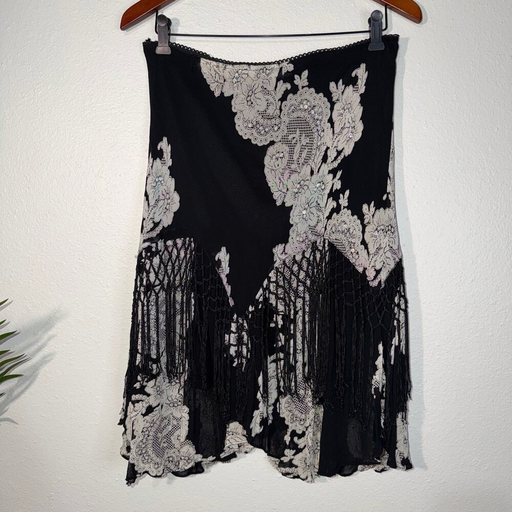 Vtg Y2K Floral Sequin Fringe Midi Skirt Black White Boho Medium